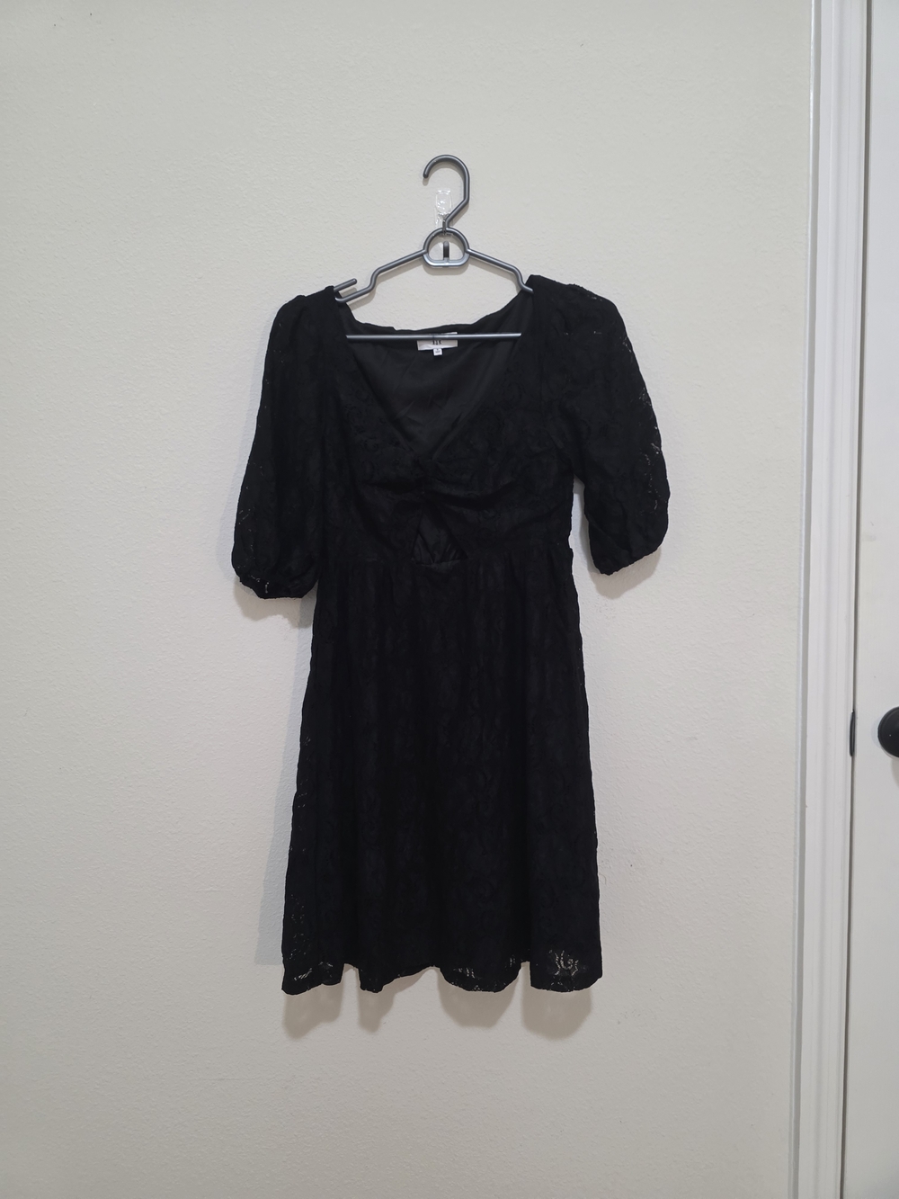 NSR Black Lace Mini Dress with Puff Sleeves and V-Neck And Key Hole Middle
